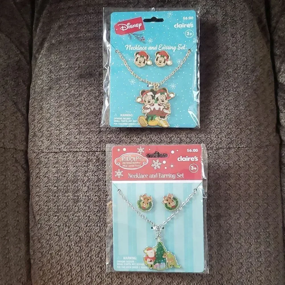 Lot of 2 - Claire's Necklace and Earrings Sets - Mickey/Minnie Santa/Rudolph